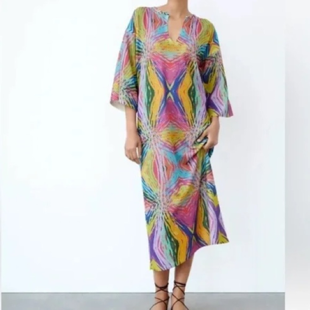 Zara Open Mesh Knit Jacquard Tunic Midi Dress in Bright Multi - NWOT - Small